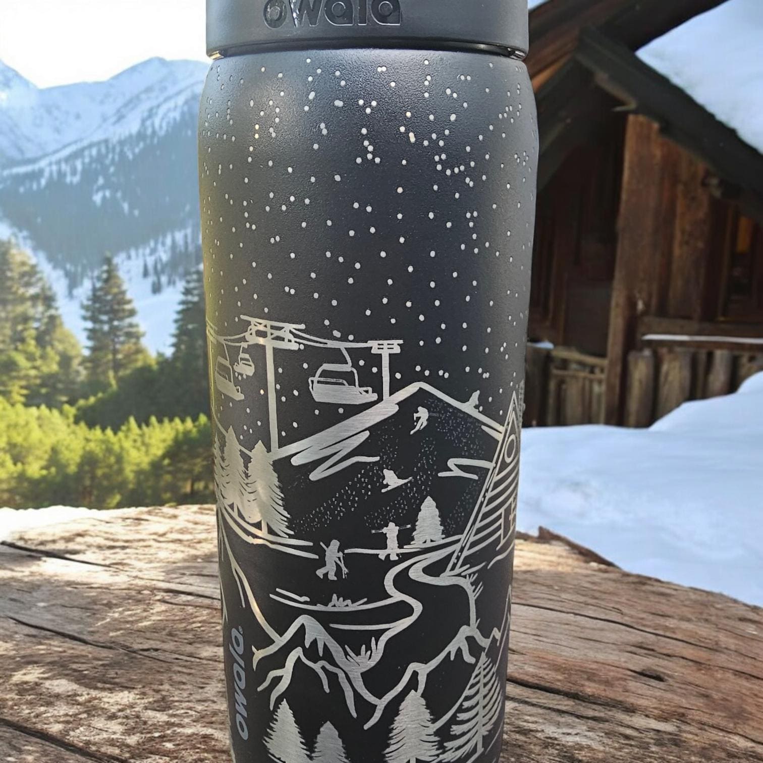 32 oz Owala Tumbler with Engraved Ski Lodge Scene – sleek and very very dark Colors, Perfect for Winter Adventures