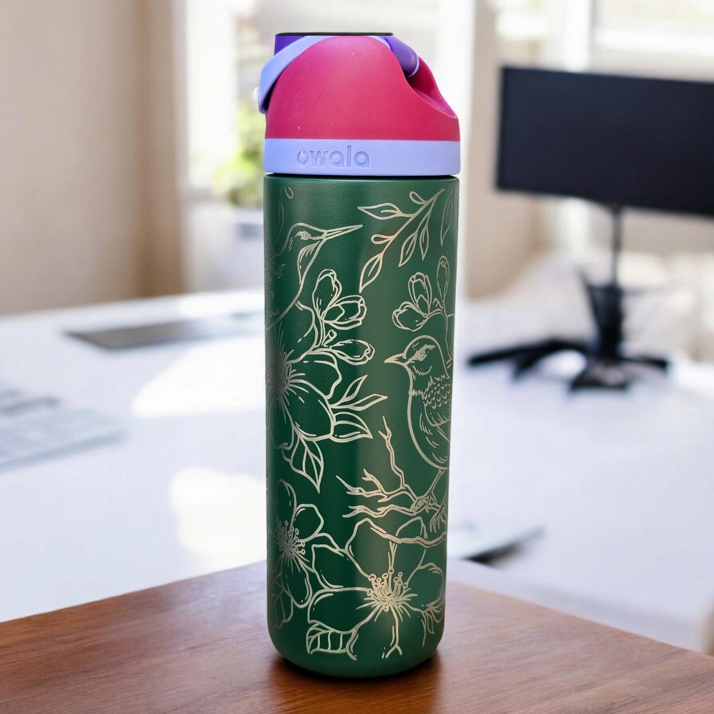 Engraved Owala 24 oz Bottle: Birds & Flowers, Personalized Drinkware