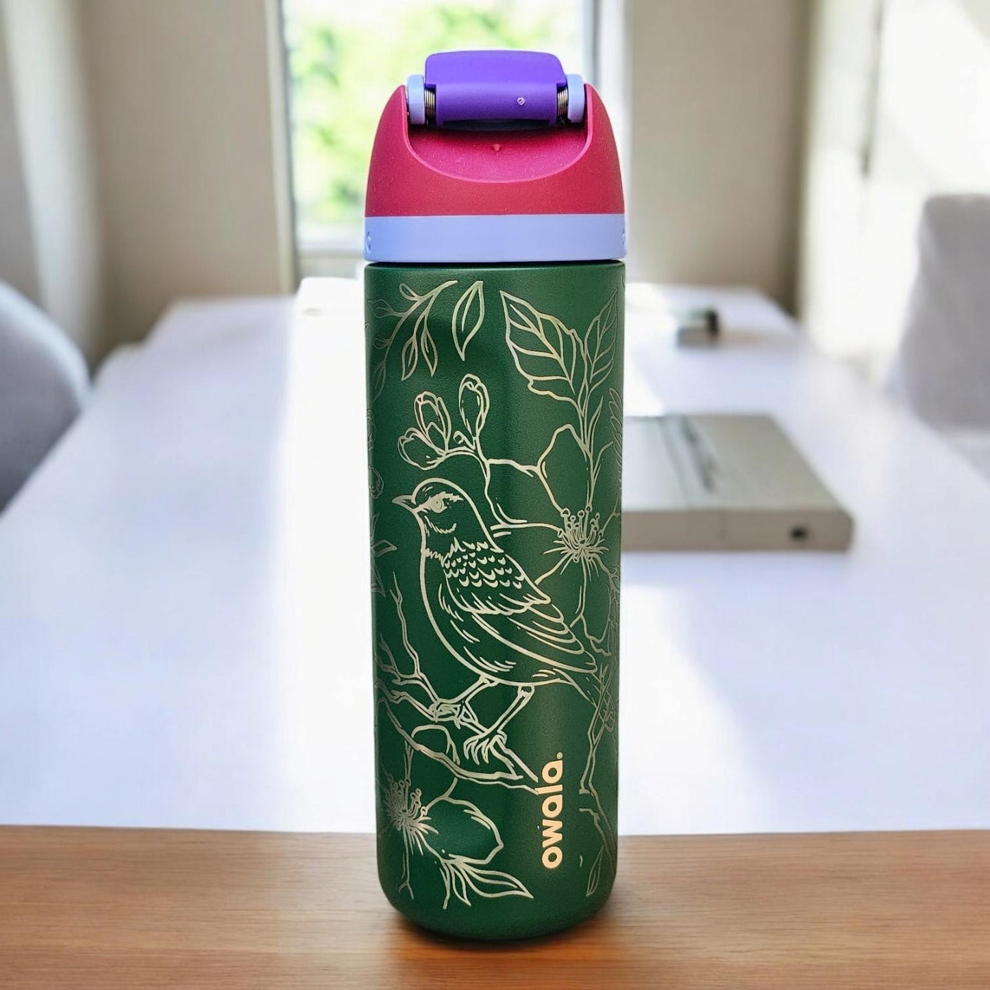 Engraved Owala 24 oz Bottle: Birds & Flowers, Personalized Drinkware