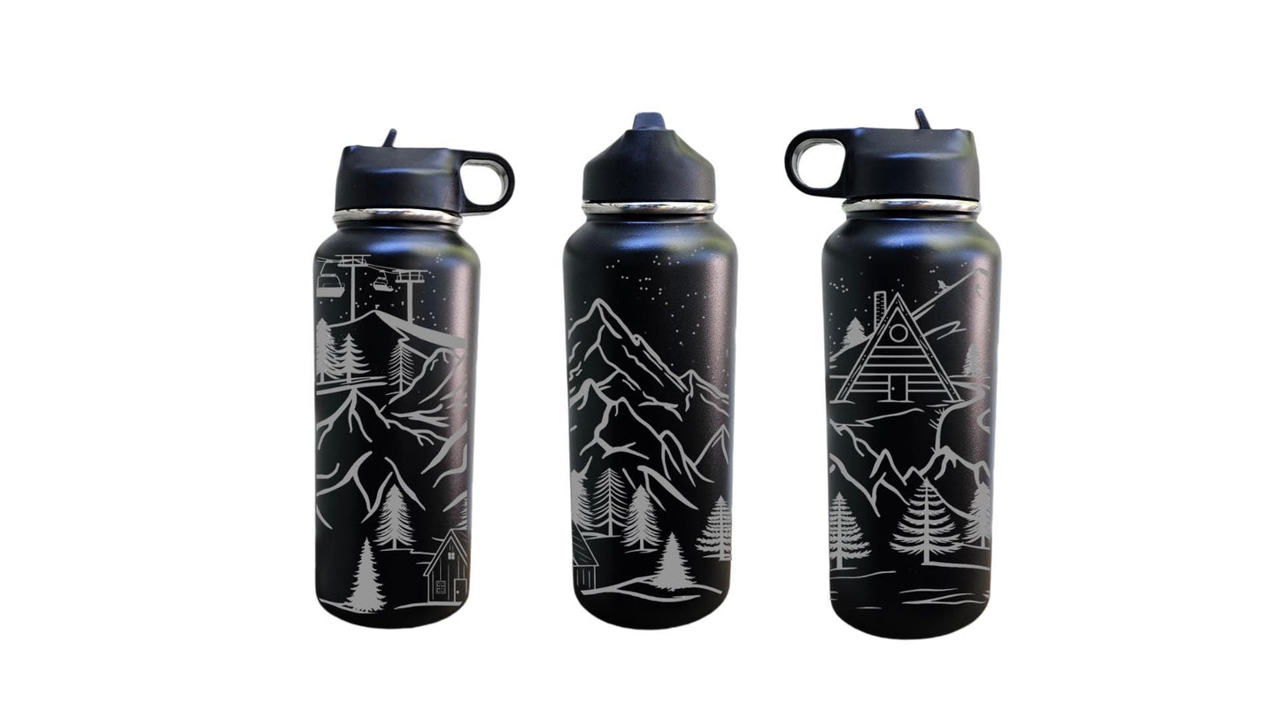 32 oz Owala Tumbler with Engraved Ski Lodge Scene – sleek and very very dark Colors, Perfect for Winter Adventures