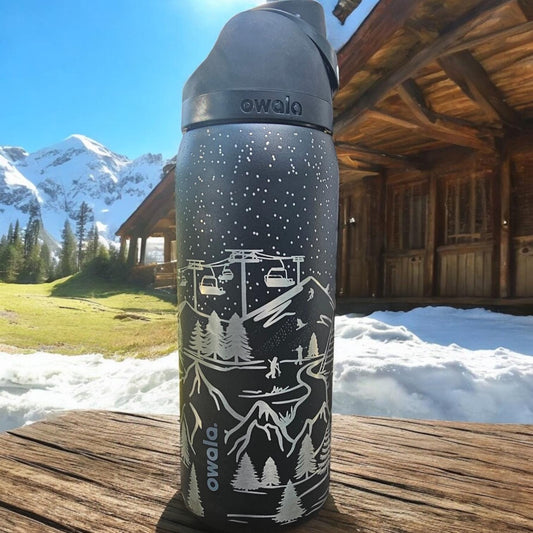 32 oz Owala Tumbler with Engraved Ski Lodge Scene – sleek and very very dark Colors, Perfect for Winter Adventures