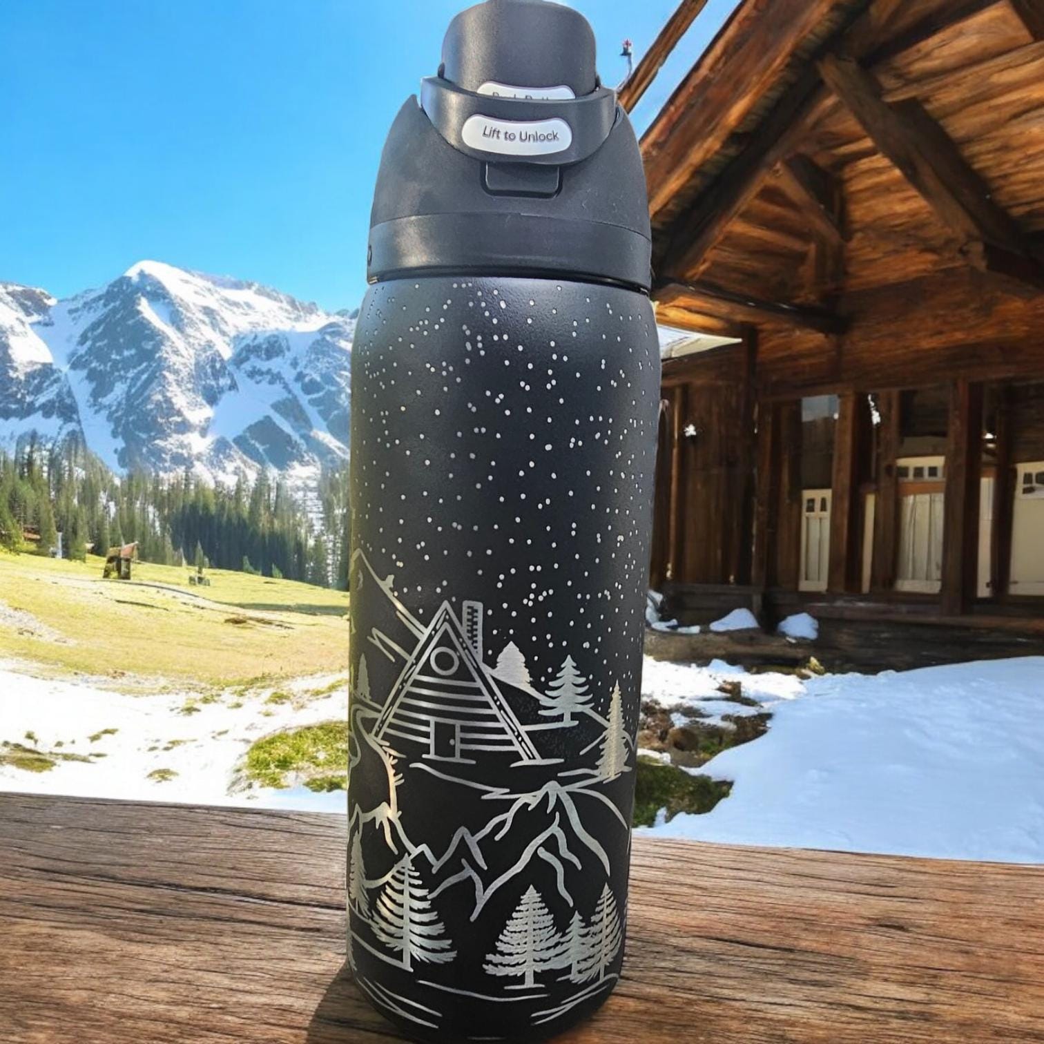 32 oz Owala Tumbler with Engraved Ski Lodge Scene – sleek and very very dark Colors, Perfect for Winter Adventures