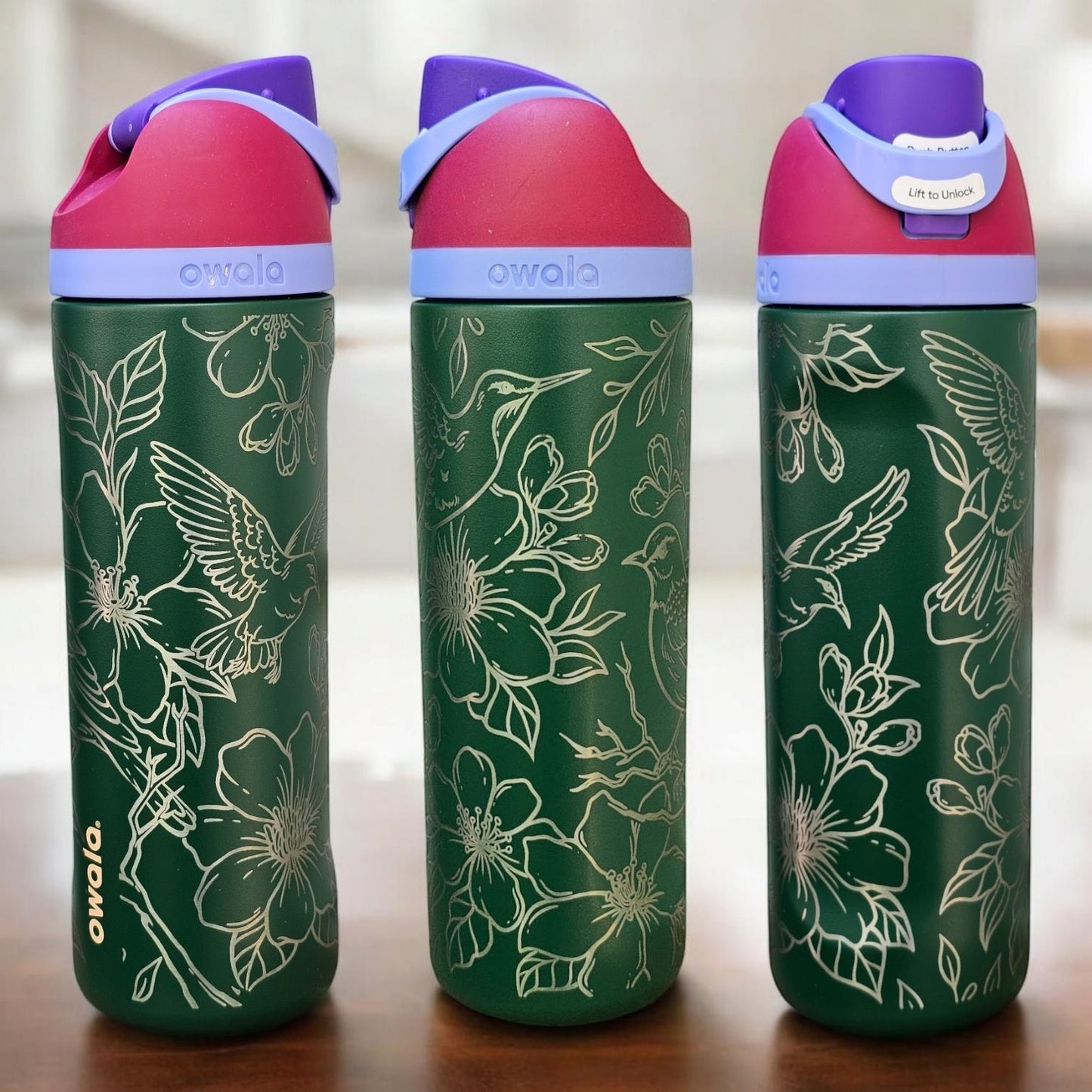 Engraved Owala 24 oz Bottle: Birds & Flowers, Personalized Drinkware