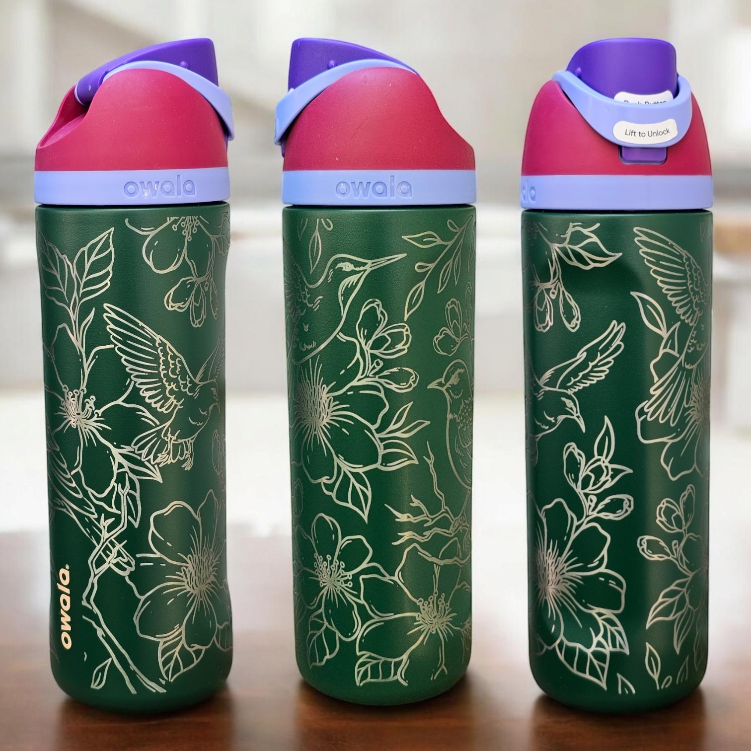 Engraved Owala 24 oz Bottle: Birds & Flowers, Personalized Drinkware