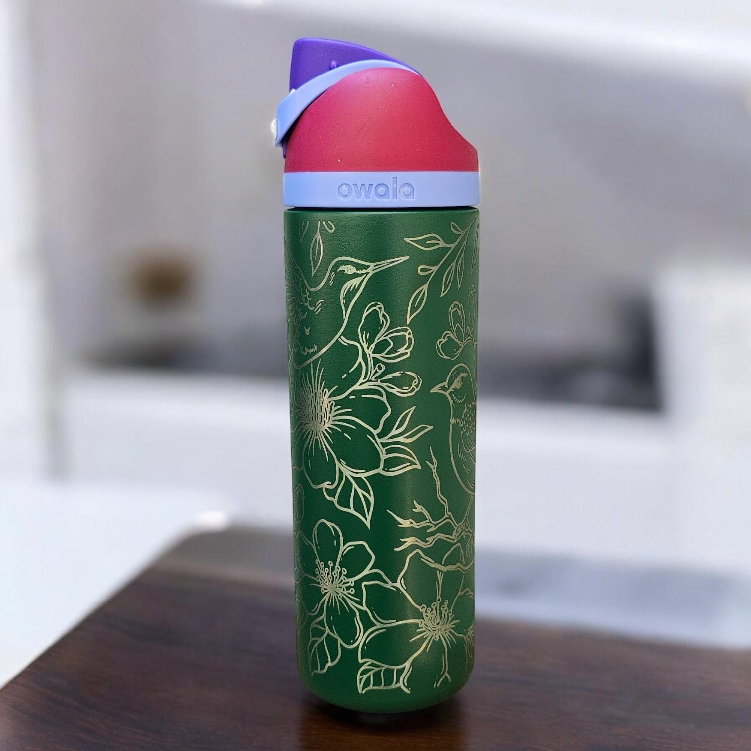 Engraved Owala 24 oz Bottle: Birds & Flowers, Personalized Drinkware
