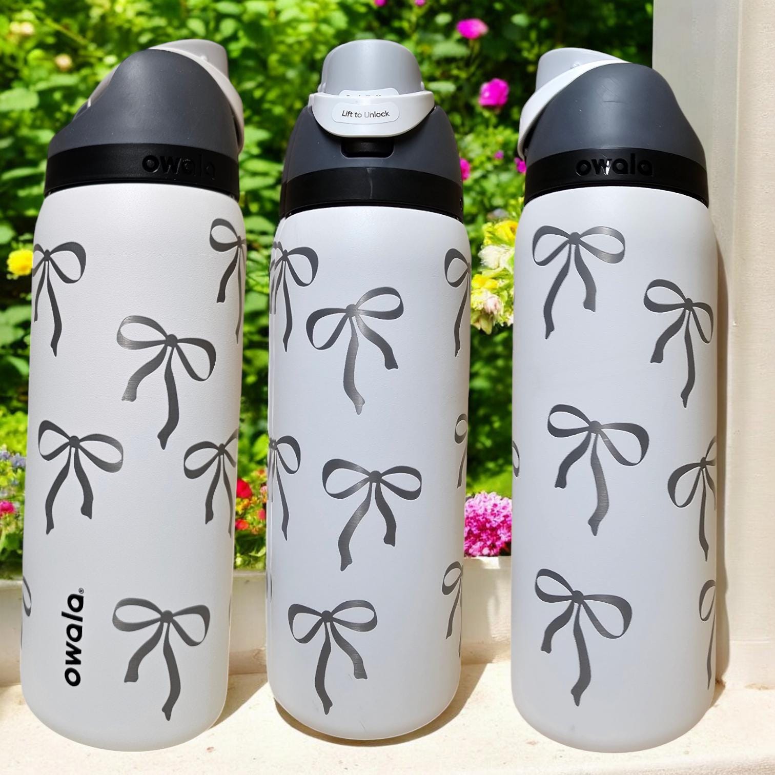 Coquette Engraved Owala 24, 30, 32 and 40 oz Bottle | Silver Bows Design | Elegant & Personalized Drinkware, Freesip and Sway
