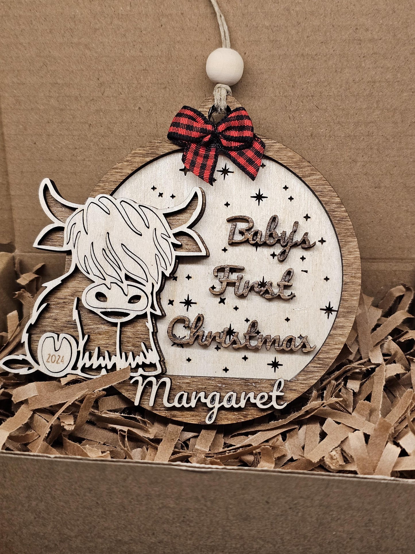 Baby's First Christmas Highland Cow, Cute Cow Ornament, Personalized Baby Gift, Holiday Decor