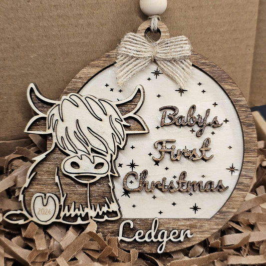 Baby's First Christmas Highland Cow, Cute Cow Ornament, Personalized Baby Gift, Holiday Decor