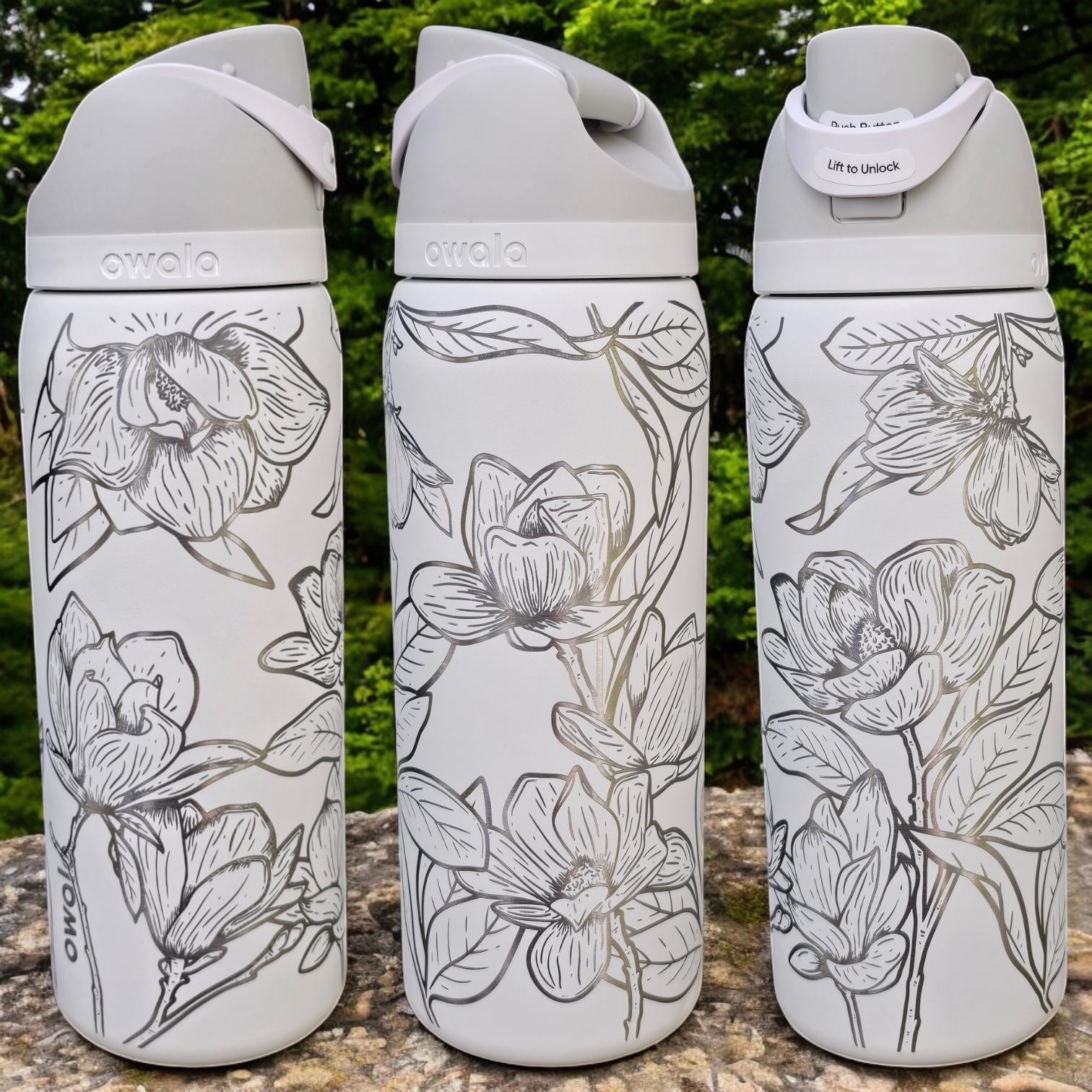 Magnolia Engraved Owala 24 and 32 oz Bottle | Flower Design | Elegant & Personalized Drinkware