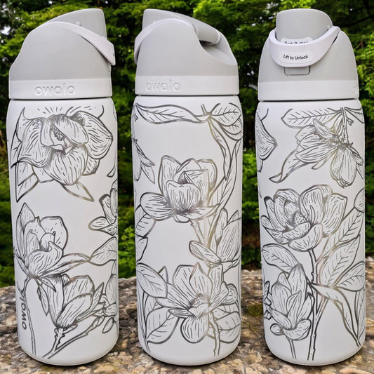 Magnolia Engraved Owala 24 and 32 oz Bottle | Flower Design | Elegant & Personalized Drinkware