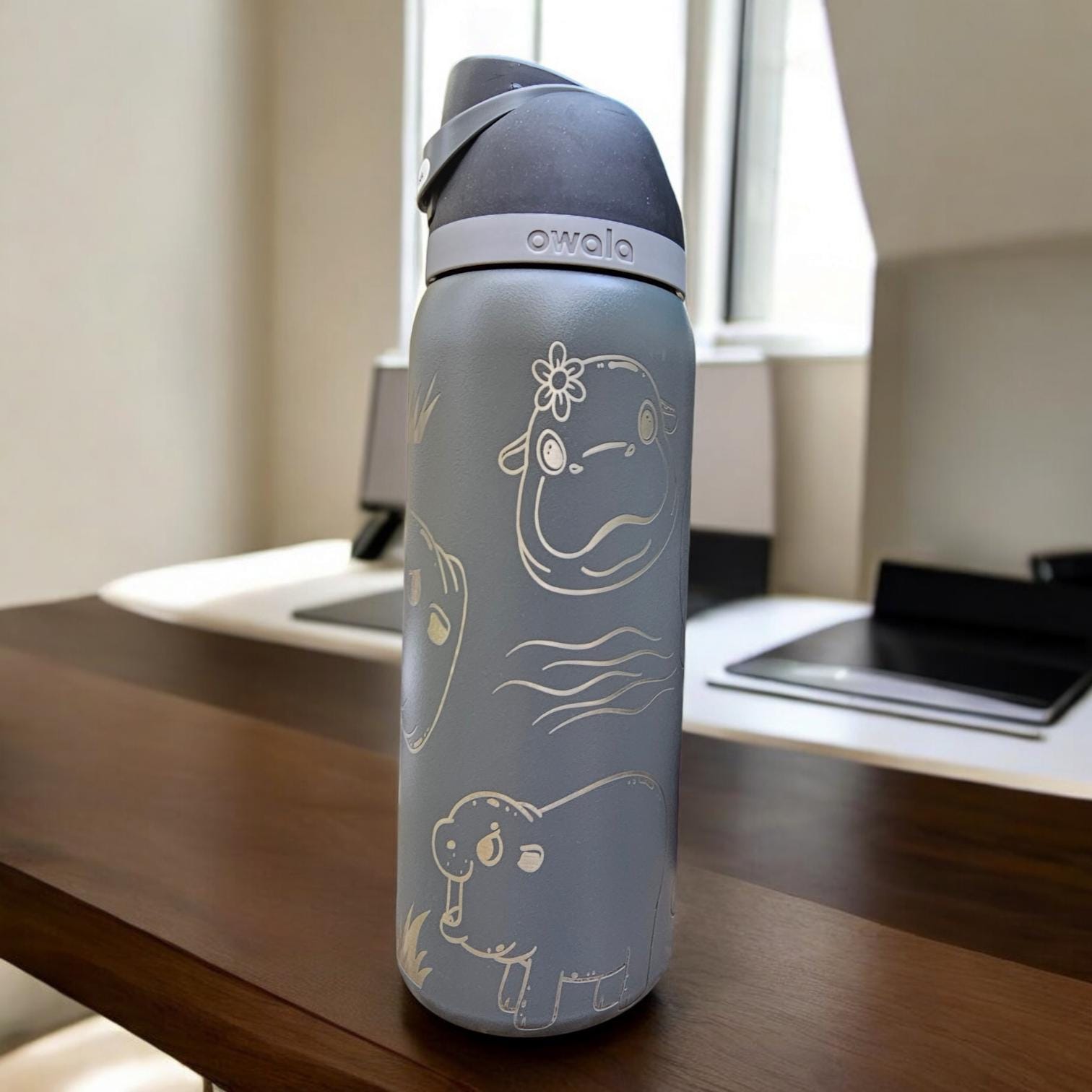 Hippo Laser Engraved Owala 24 and 32 oz Bottle | Hippo Design | Fun & Personalized Drinkware