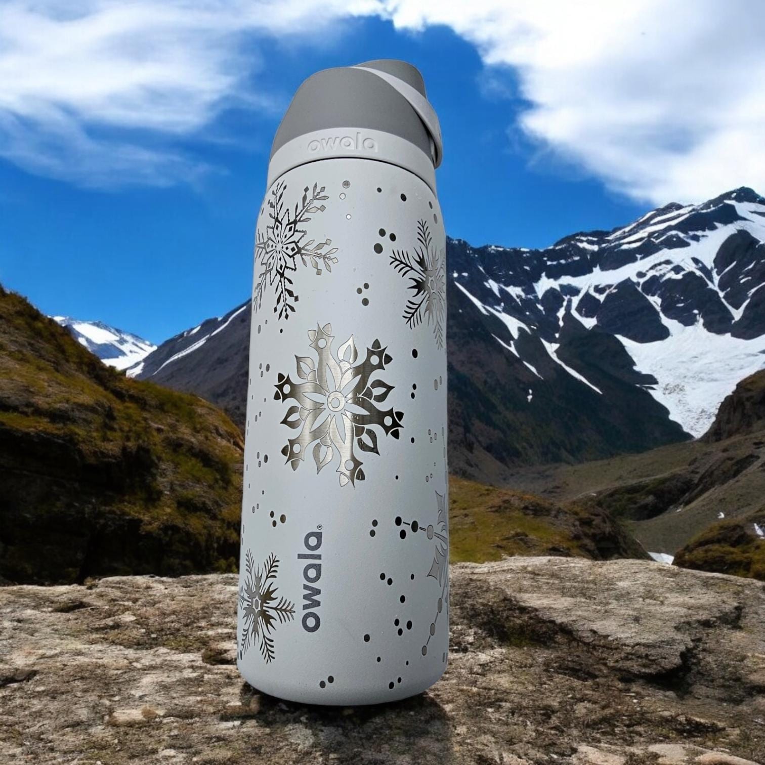 Snowflake Engraved Owala 24 and 32 oz Bottle | Winter Design | Elegant & Personalized Drinkware