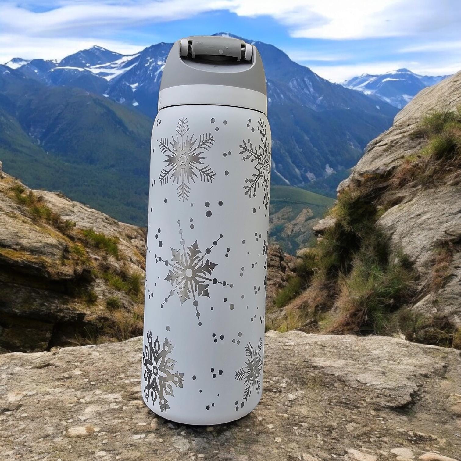 Snowflake Engraved Owala 24 and 32 oz Bottle | Winter Design | Elegant & Personalized Drinkware