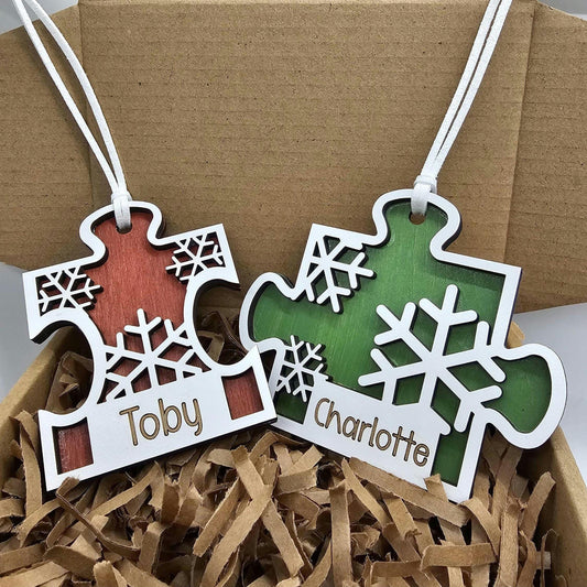 Wooden Puzzle Ornament with Personalization, Custom Name Christmas Decoration, Personalized Holiday Gift