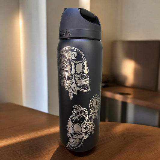 Skull and Roses Owala 24 and 32 oz Owala Flip Cap, leak proof Water Bottle,Elegant & Personalized Drinkware
