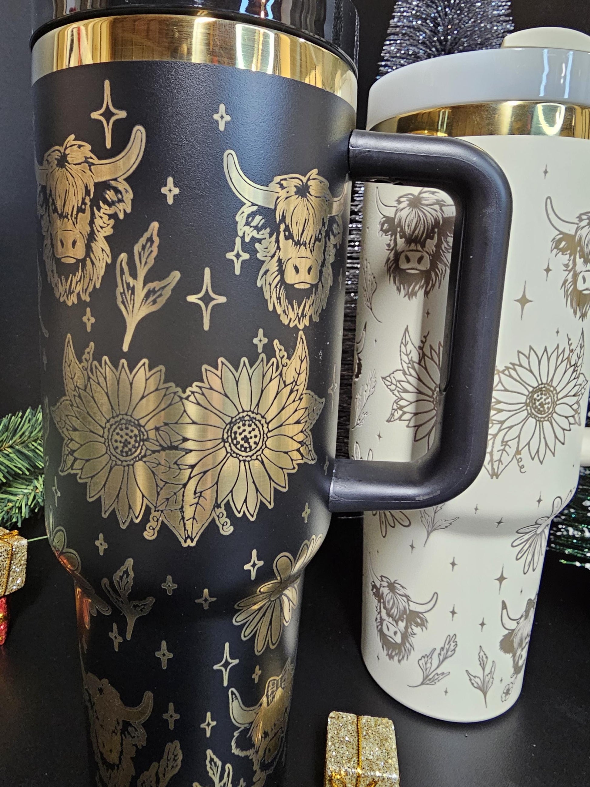 Highland cow Laser Engraved 40 oz Bottle | Cows and Sunflower Design | Elegant & Personalized Drinkware