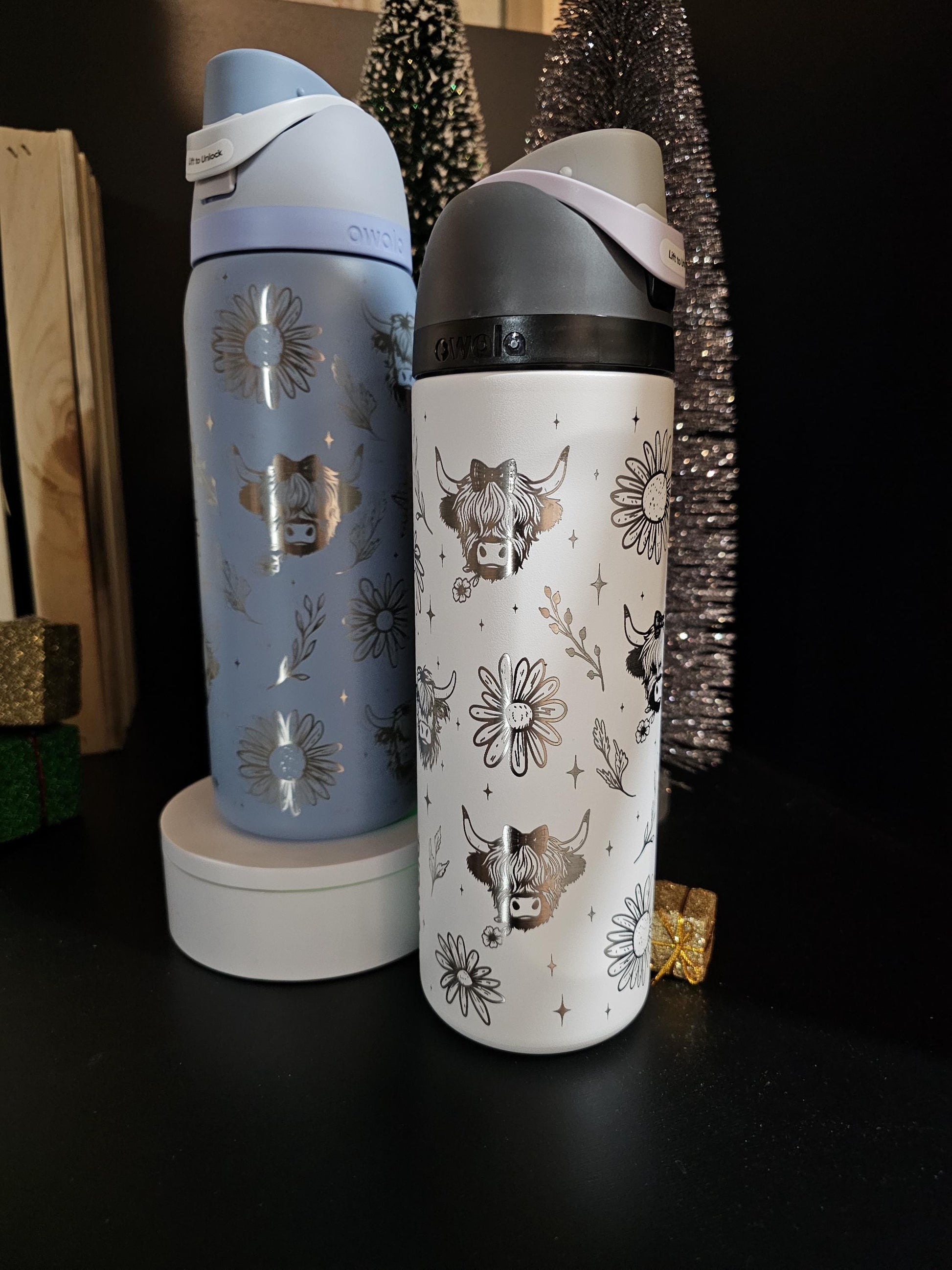 Highland cow Laser Engraved Owala 24 and 32 oz Bottle | Cows and Sunflower Design | Elegant & Personalized Drinkware