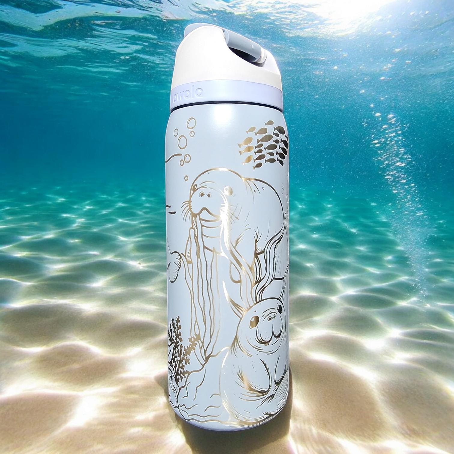 Manatee Engraved Owala 24, 30, 32 and 40 oz Bottle | Elegant & Personalized Drinkware | Freesip and Sway, Hydration Gift for Ocean Lovers