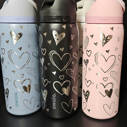 Heart Doodle Engraved Owala 24 and 32 oz Bottle | Valentine's Day Owala