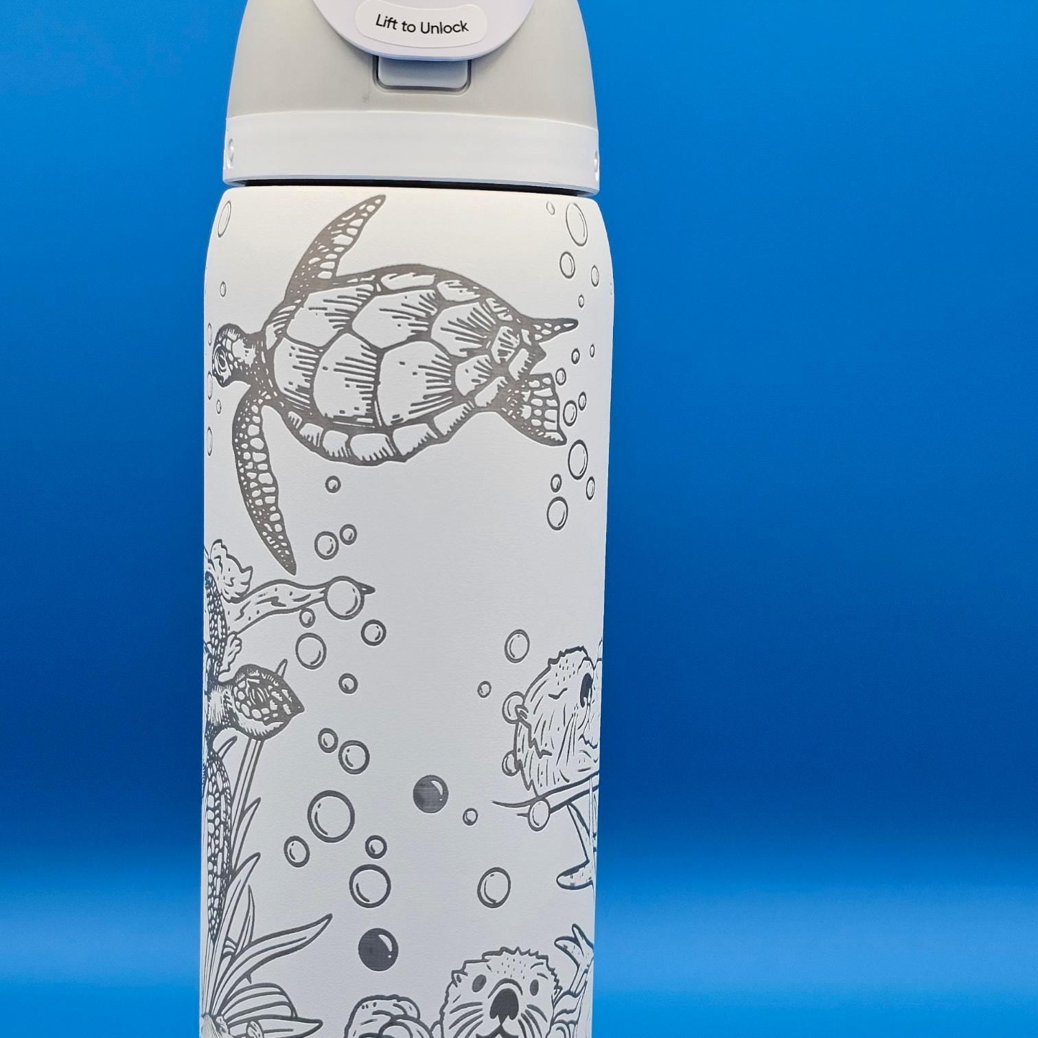 Owala Water Bottle with Turtles & Otters | Laser Engraved Ocean Animals | Custom Name | Eco Gift for Animal Lovers