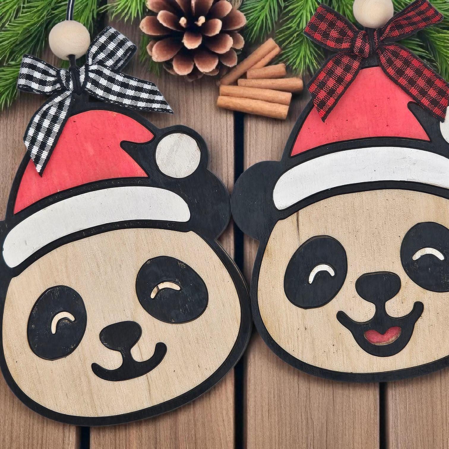 Panda Personalized Christmas Ornament | Wooden Panda with Santa Hat | Custom Name Ornament | Cute Animal Holiday Decor or Gift