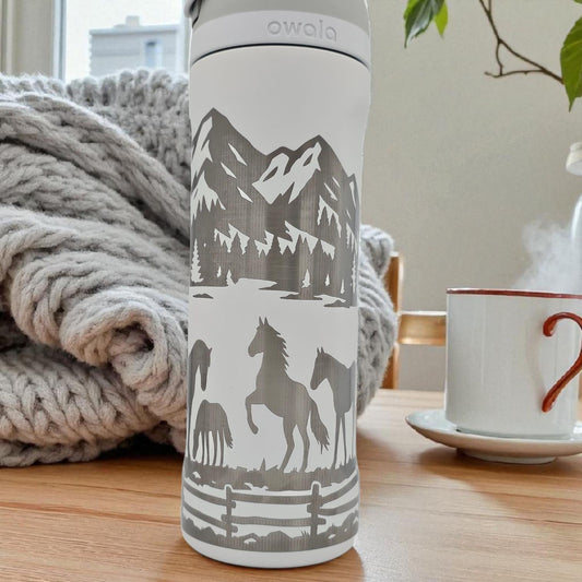 Horse Design Engraved Owala Bottle: Custom Freesip, Sway, Smooth Sip, optional personalization
