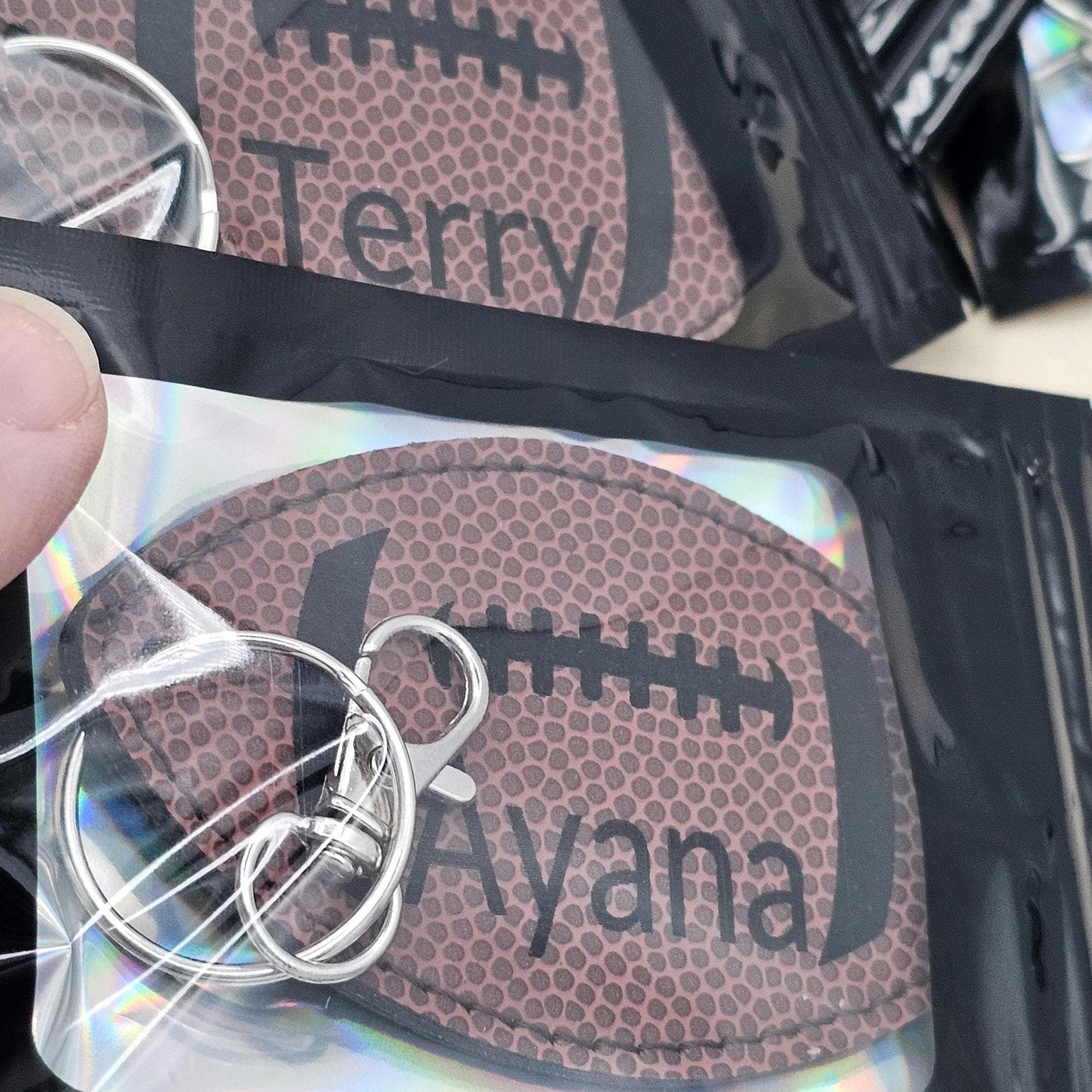 Custom Football Keychain | Personalized Leatherette Bag Tag with Name or Logo | Engraved Football Keychain for Players and fans
