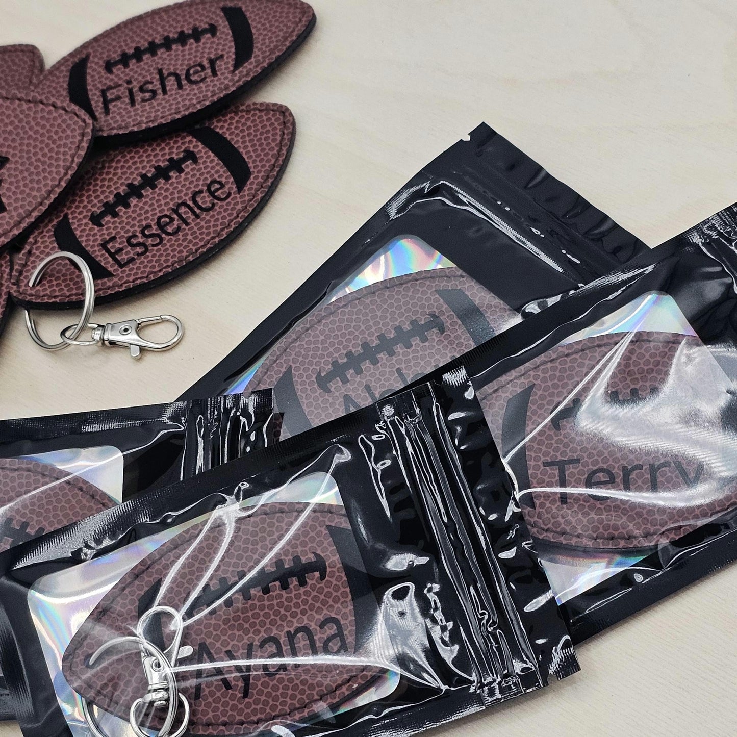 Custom Football Keychain | Personalized Leatherette Bag Tag with Name or Logo | Engraved Football Keychain for Players and fans