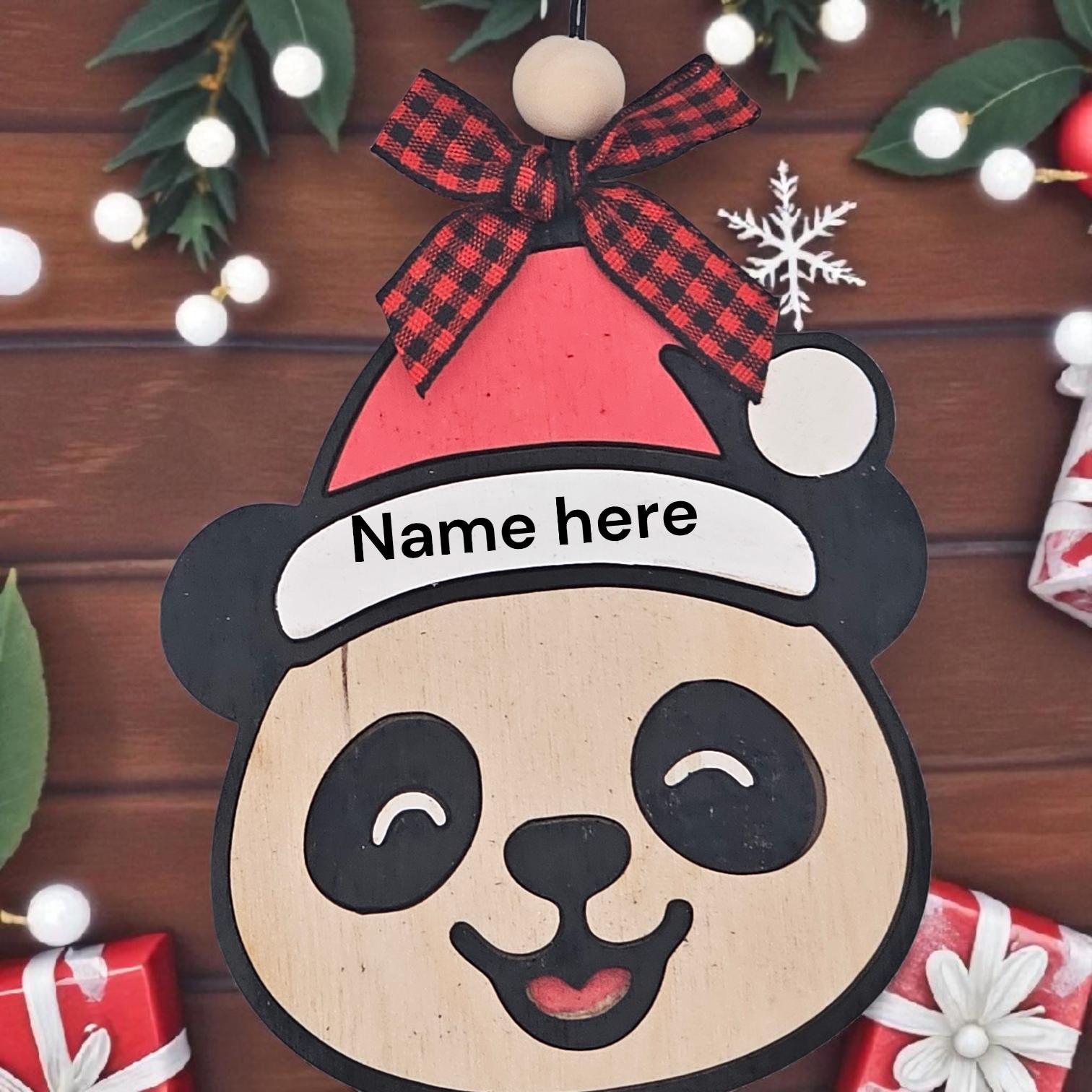 Panda Personalized Christmas Ornament | Wooden Panda with Santa Hat | Custom Name Ornament | Cute Animal Holiday Decor or Gift