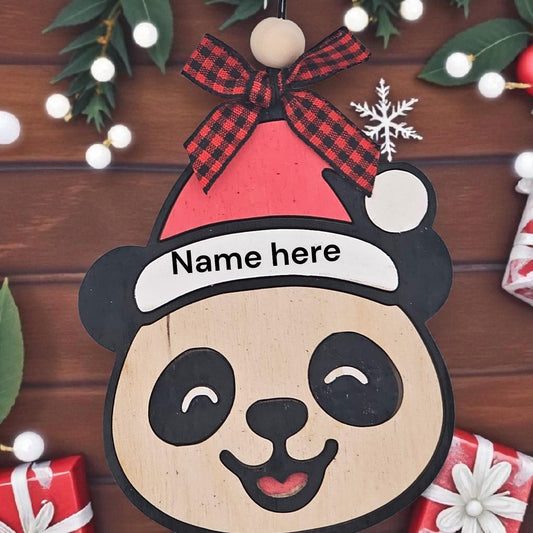 Panda Personalized Christmas Ornament | Wooden Panda with Santa Hat | Custom Name Ornament | Cute Animal Holiday Decor or Gift