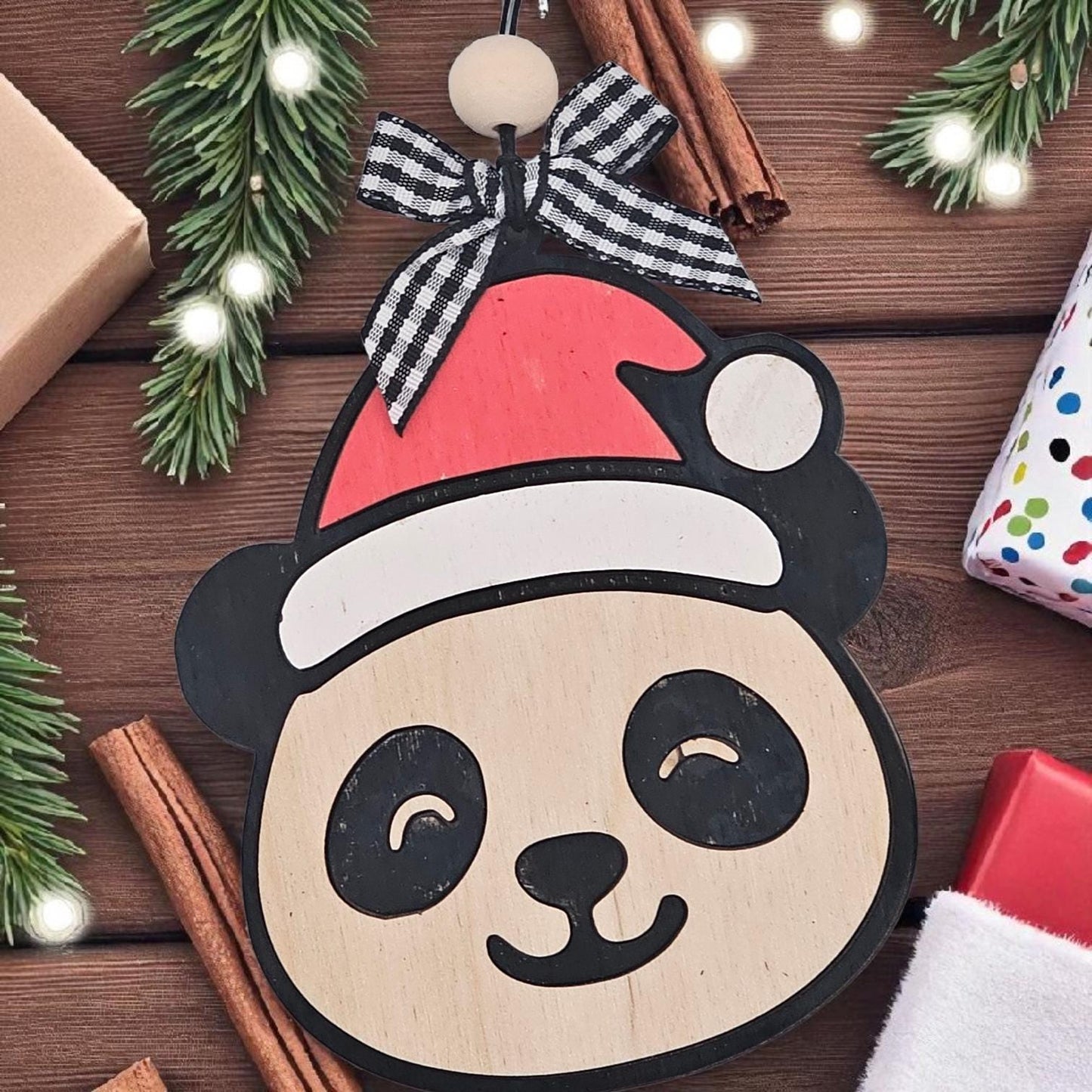 Panda Personalized Christmas Ornament | Wooden Panda with Santa Hat | Custom Name Ornament | Cute Animal Holiday Decor or Gift