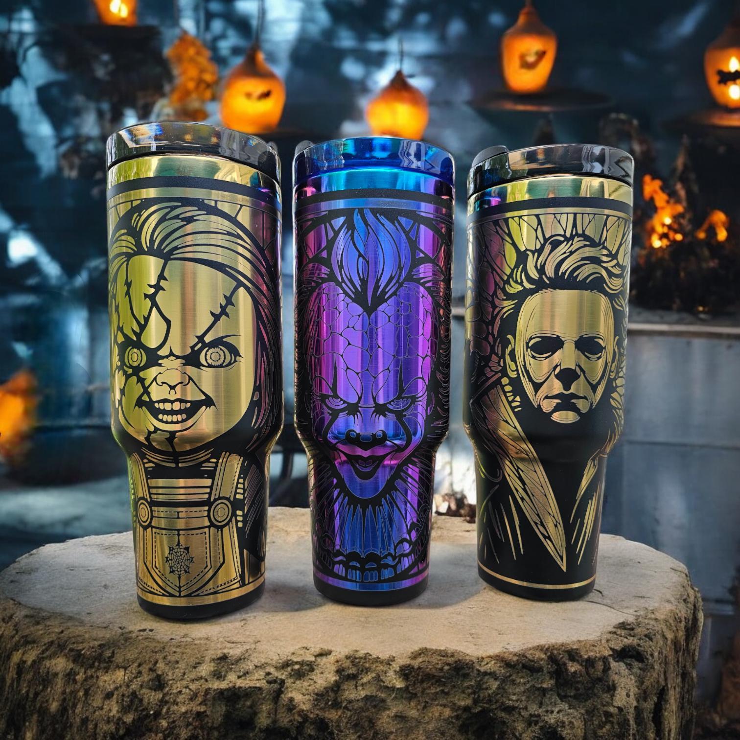 Horror Legends Engraved Tumbler: Michael Myers, Pennywise, Leatherface, Pinhead, Ghostface and Beetle Juice