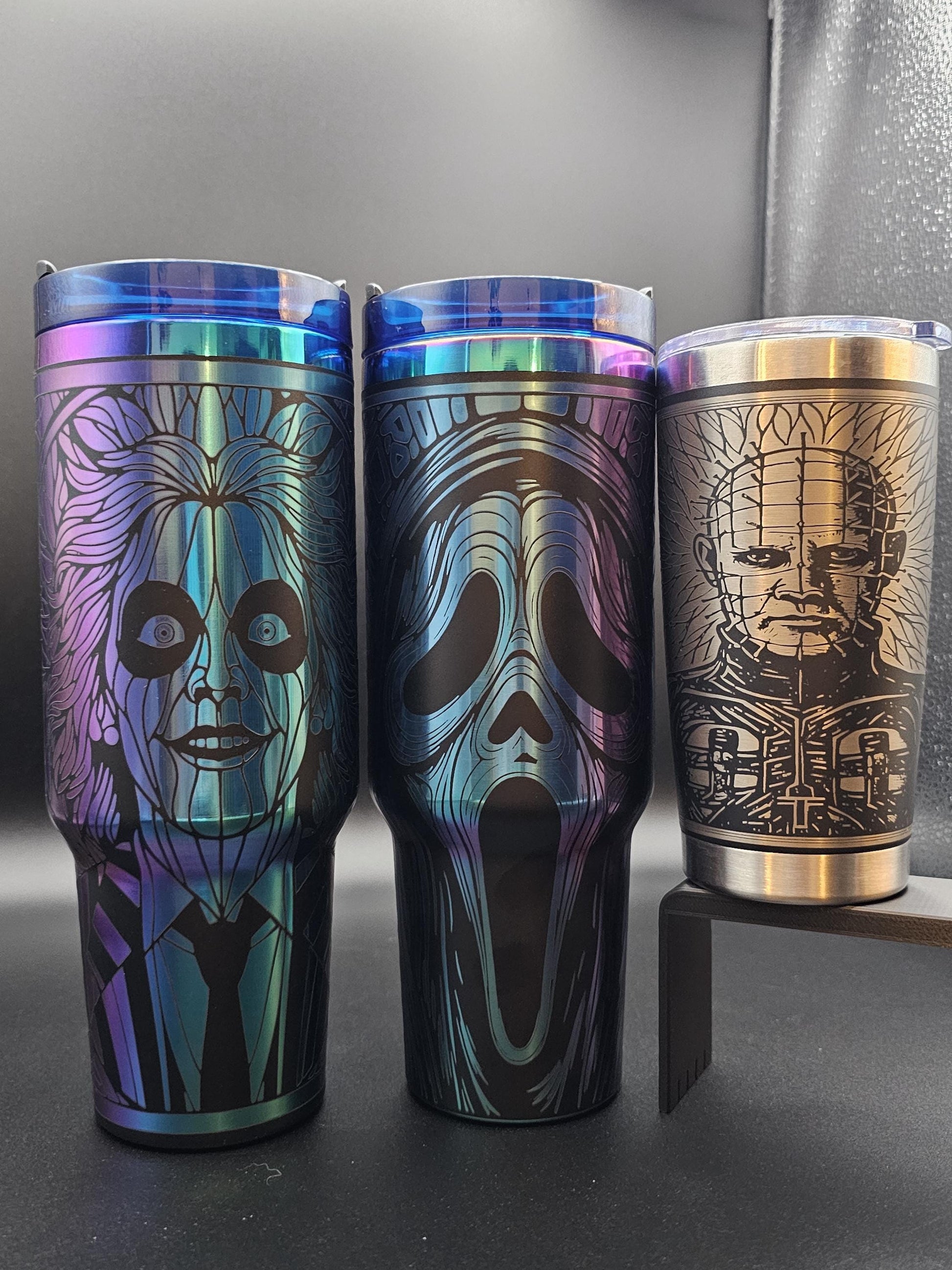 Horror Legends Engraved Tumbler: Michael Myers, Pennywise, Leatherface, Pinhead, Ghostface and Beetle Juice