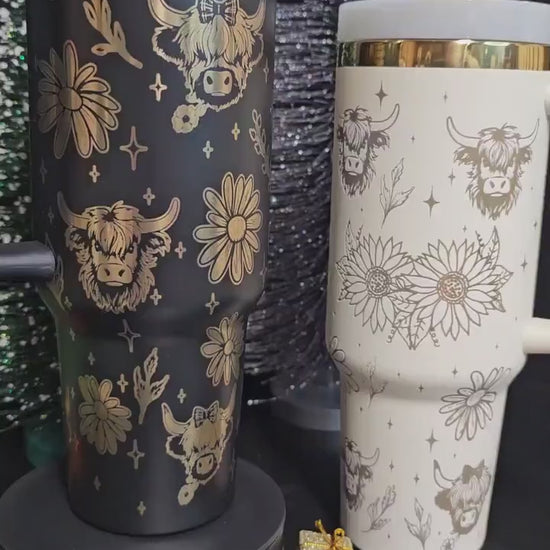 Highland cow Laser Engraved 40 oz Bottle | Cows and Sunflower Design | Elegant & Personalized Drinkware