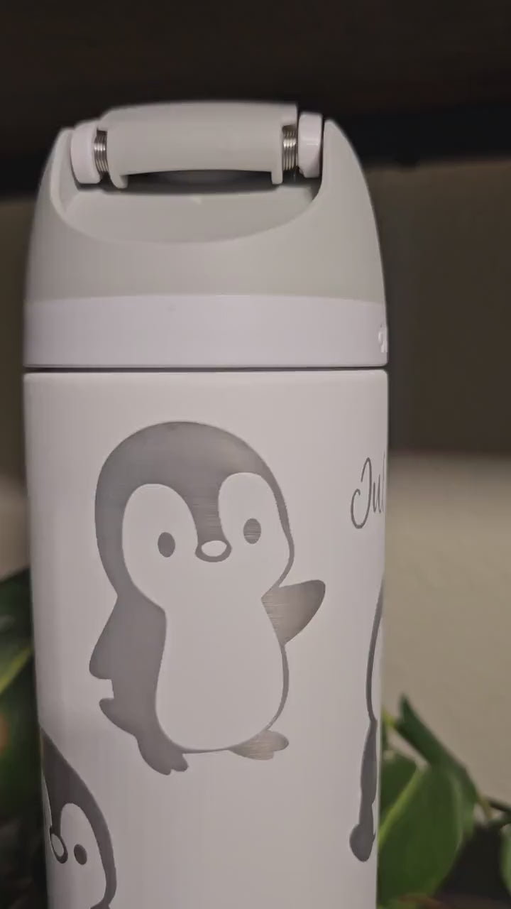 Penguin Design Engraved Owala Bottle: Custom Freesip, Sway, Smooth Sip, optional personalization