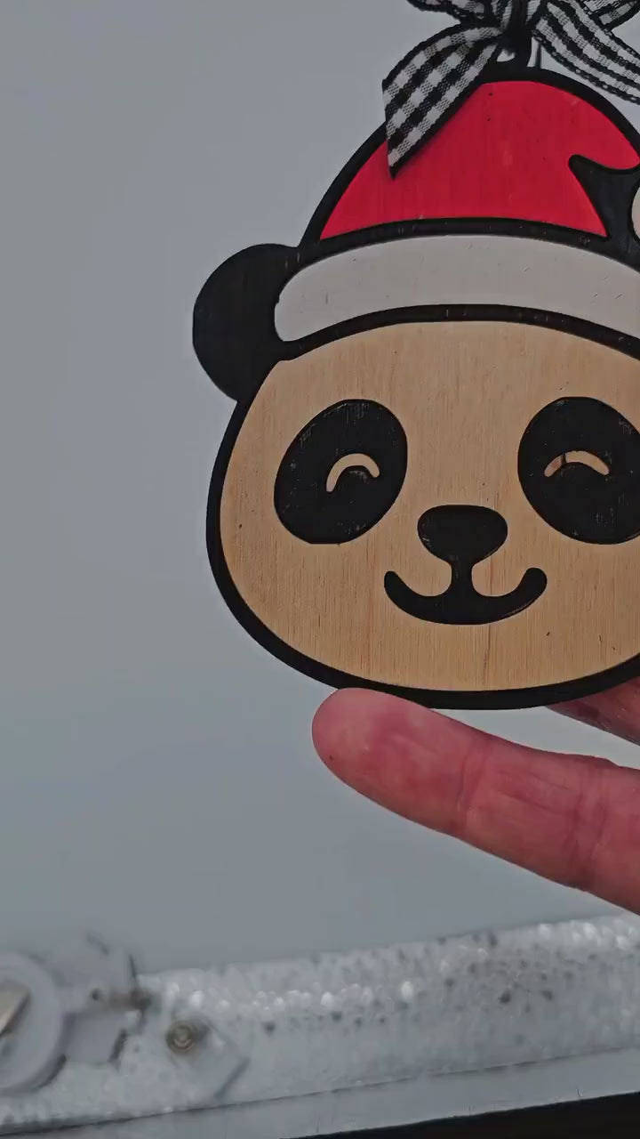 Panda Personalized Christmas Ornament | Wooden Panda with Santa Hat | Custom Name Ornament | Cute Animal Holiday Decor or Gift