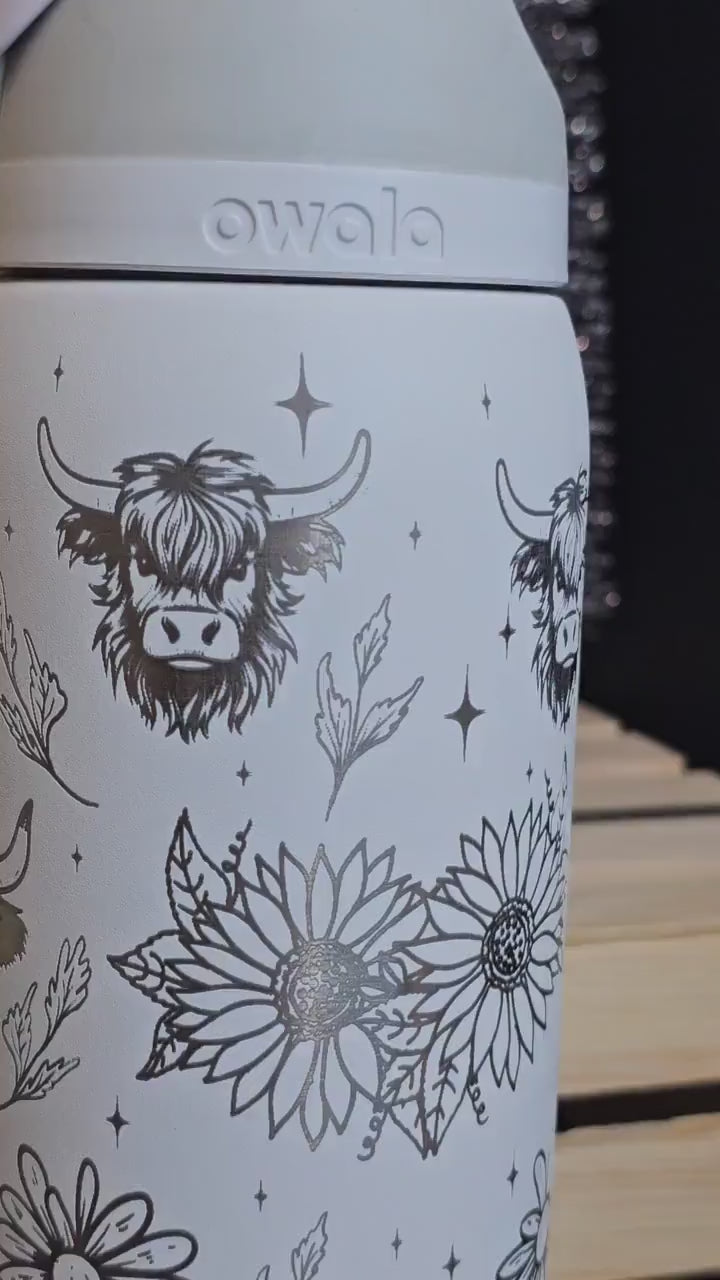 Highland cow Laser Engraved Owala 24 and 32 oz Bottle | Cows and Sunflower Design | Elegant & Personalized Drinkware